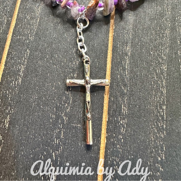 Amethyst puka Vintage cross charm short surfer necklace - Picture 5 of 7